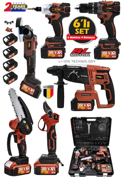 Staxx ST3890 10 Pilli X4 Akü 388VF Kırıcı Delici + Taşlama + Somun Sökme + Dal Budama Matkap Seti