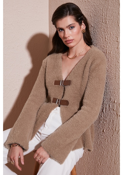 Lela Premium Regular Fit V Yaka Çift Kemerli Peluş Bayan Hırka 680Hi00112 Vizon