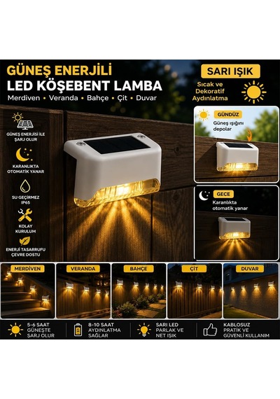 Beyaz Solar Güneş Enerjili Beyaz Köşebent Merdiven Veranda Bahçe Led Lamba Dekoratif Dış Mekan Aydınlatma 4 Lü