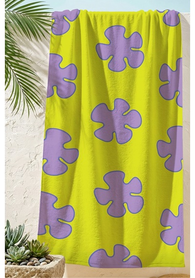 Çiçek Desenli Neon Sarı Lila Plaj Havlusu - Retro Pop Art Modern Hızlı Kuruyan Mikrofiber Havlu Sessiz Melisa