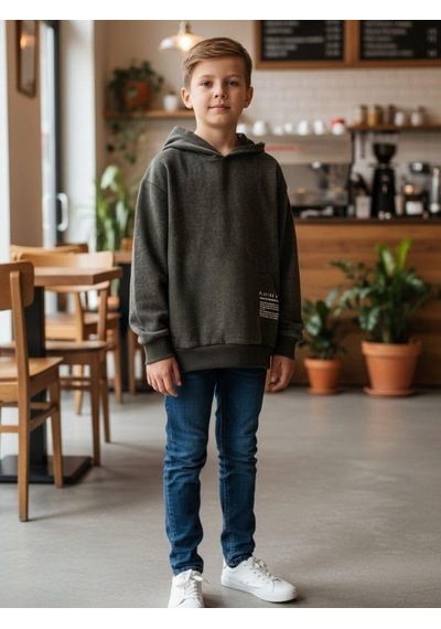 Zekids Erkek Çocuk Kapüşonlu Batik Desenli Sweatshirt-16394 Haki