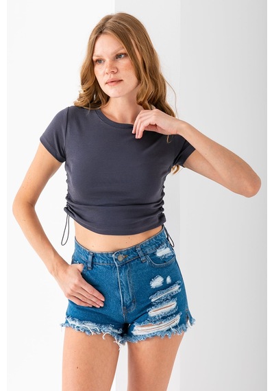 Giysa Kadın Bisiklet Yaka Yanı Stoperli Crop T-shirt Füme - 25514 Füme