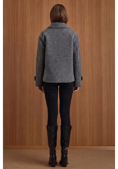 Olcay Ceket Yaka Oversize Kısa Kaban Koyu Gri 3204