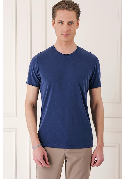 Efor Slim Fit Bisiklet Yaka Doku Desenli Pamuklu Lacivert Tişört Ts 881 Lacivert