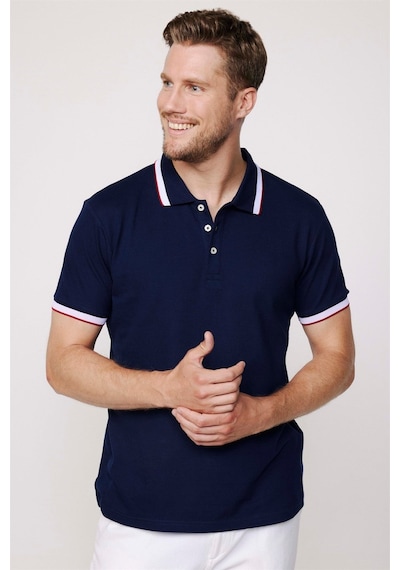 Tudors Erkek Slim Fit Dar Kesim %100 Pamuk Düz Pike Kol Şeritli Lacivert Polo Yaka Tişört-27689