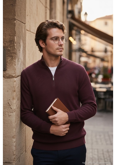 Buratti Pamuklu Regular Fit Yarım Fermuarlı Dik Yaka Erkek Sweat 5905716 Vişne