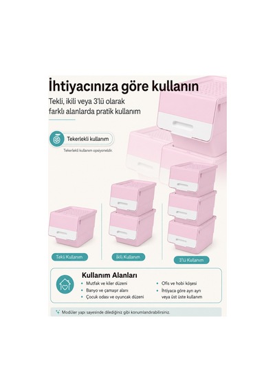 3 Katlı Tekerlekli Kapaklı Saklama Kutusu, Eşya Ve Erzak Organizer 3x12 Litre Pembe Pembe Pembe