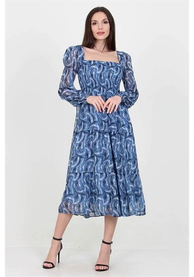 Neşeli Butik Kadın İndigo Desenli Kare Yaka Gipeli Şifon Elbise Nb10036 Indigo