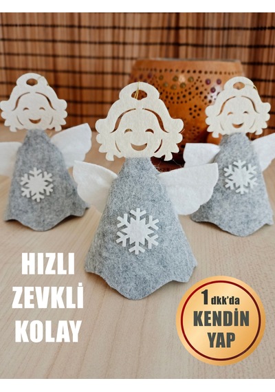 Gri Keçe Yılbaşı Melek Süsü 3lü Set - Montessori Kendin Yap Seti