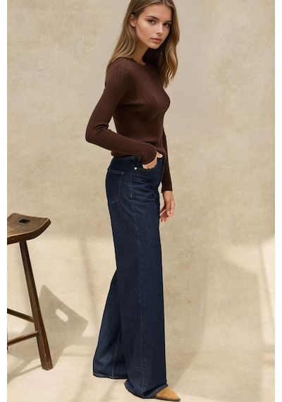 Hiccup Geniş Paça Raw Kot Pantolon Koyu Mavi Denim