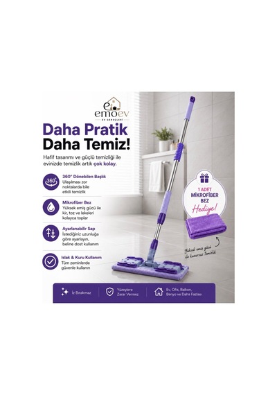 Bez Ve Kıyafet Tutuculu Mikrofiber Mop 360 Döner Başlıklı Zemin Ve Duvar Mopu