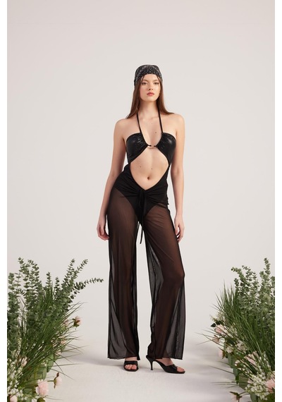 Holly Lolly Beli İp Detaylı Tül Pareo Shirred Pantolon Siyah