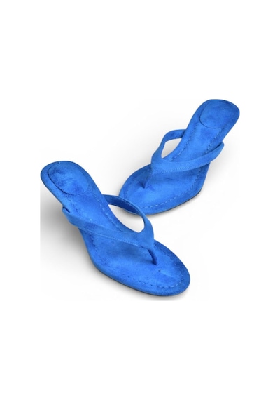 Fox Shoes Y518342802 Saks Mavi Süet Parmak Arası Kısa Topuklu Kadın Terlik Saks Mavi