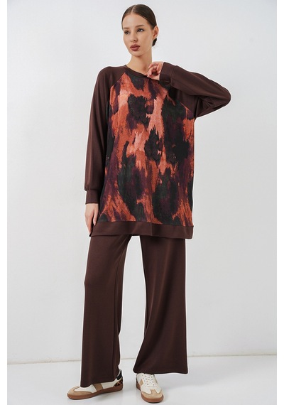 Bigdart Kadın Desenli Oversize Tunik Pantolon İkili Takım 55462 - Kahverengi