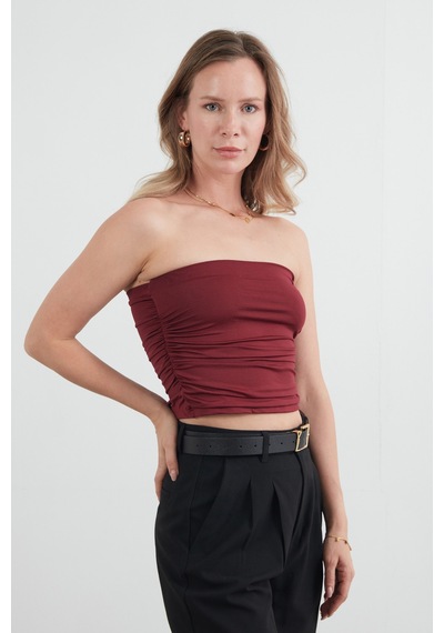 Fullamoda Basic Yanları Drapeli Straplez Büstiyer Bordo