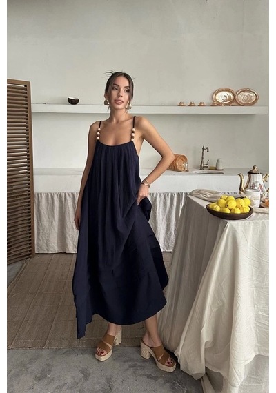 Defymoda Lacivert Askılı Müslin Elbise Lacivert