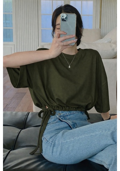 Kadın Oversize Basic Haki Tişört Yan Bağlamalı Rahat Kesim Günlük Yazlık T-shirt