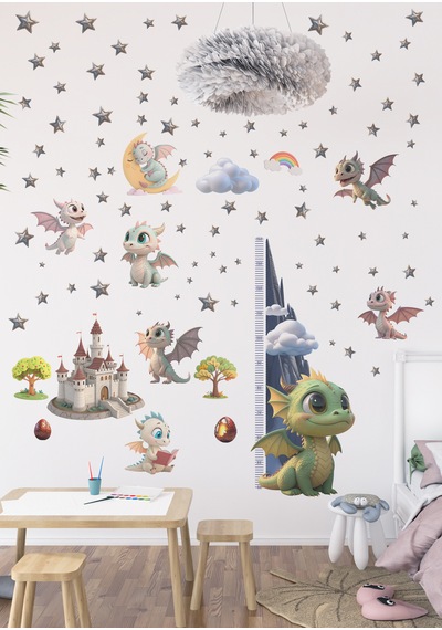 Bebek Ejderhalar Boy Ölçerli Duvar Sticker Seti - Mat, Sökülebilir, Çocuk Odası Dekoru 01