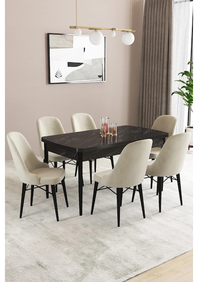Familieconcept Almira Serisi, Siyah Mermer Desen 80x132 Açılabilir Mdf Mutfak Masası Takımı 6 Adet Sandalye Krem Familieconcept Almira Serisi, Siyah Mermer Desen 80x132 Açılabilir Mdf Mutfak Masası Takımı 6 Adet Sandalye Krem