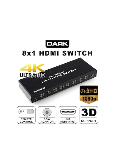 Dark Dk Hd Sw8X1 Full Hd 8 Giriş 1 Çıkışlı Uzaktan Kumandalı Hdm