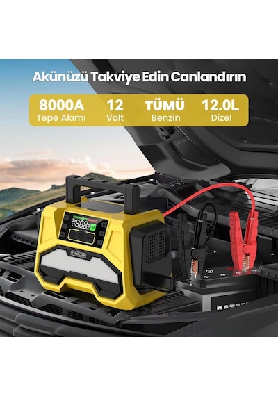 Groove F05 42000mah 8000a Akü Takviye Cihazı +lastik Şişirme Kompresörlü Taşınabilir Jump Starter+pd 30w Hızlı Şarj Kompresör+powerbank+led Lamba+lcd Ekran