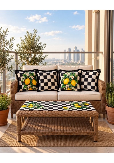 Damalı Limon Desenli Runner + 4 Lü Kırlent Kılıfı Kombin Seti 45 x 45