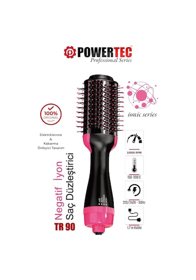 Powertec TR-90 Profesyonel Saç Şekillendirici Ve Saç Düzleştirici Fön Tarağı İyon Özellikli