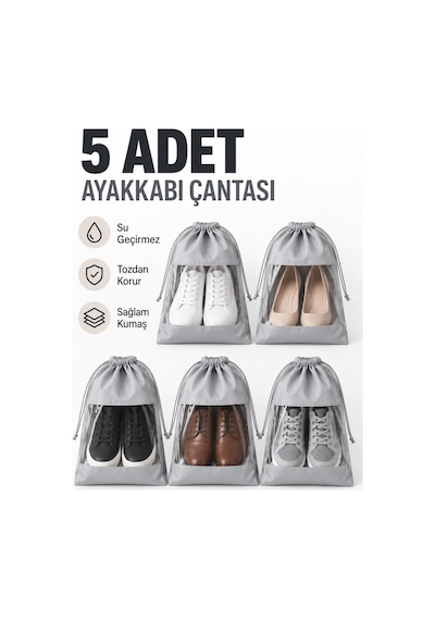 5 Adet Pencereli Ayakkabı Saklama Çantası Bezi Hurç Taşıma Seyahat Organizer Ayakkabı Düzenleyici Gri