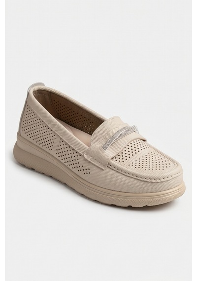 Aura Comfort Ortopedik Tabanlı Işıltı Detaylı Kadın Krem Günlük Casual Loafer Ayakkabı