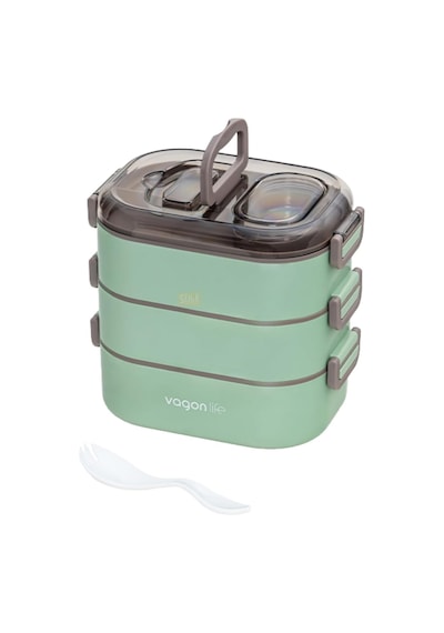 Bento 1450ml Lunchbox Üç Katlı 5 Bölmeli Ve Mini Sosluklu Çelik Sefer Tası Yemek Kutusu Yeşil Bakır