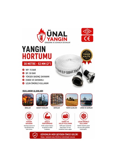 30 Metre Yangın Hortumu 52 Mm 2 Wp 15 Bar Bp 50 Bar Tse & Ce Belgeli Yüksek Basınç
