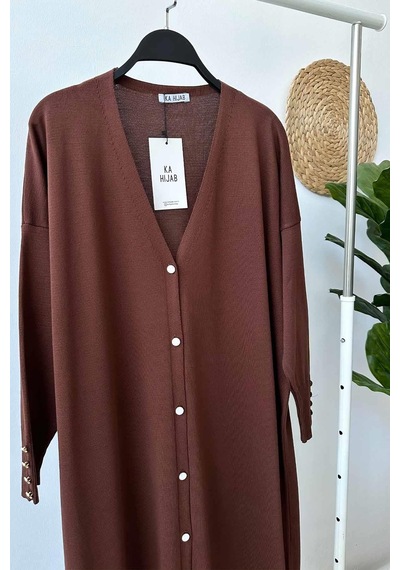 Kahijab Maxi Boy Düğmeli Merserize Hırka - Kahverengi