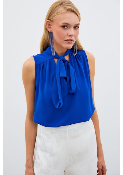 Sateen Fularlı Kolsuz Bluz - Saks Mavisi Sateen Fularlı Kolsuz Bluz - Saks Mavisi