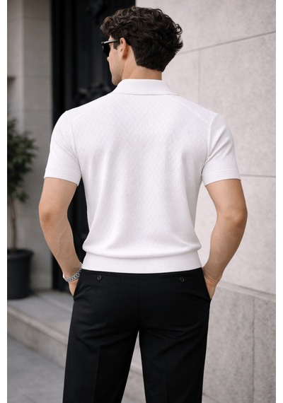 Erkek Fermuarlı Polo Yaka Triko Tişört Slim Fit Dokulu Yazlık Şık Casual Beyaz
