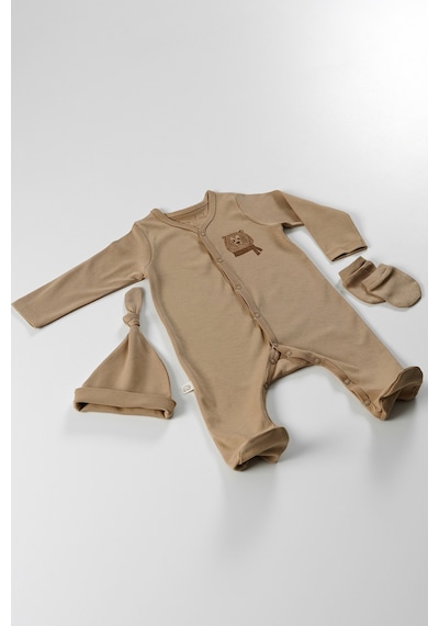 Tinylamb Cool Bear Unisex 3 Parça Hastane Çıkışı Takımı Organik Pamuk Yenidoğan Mini Set Toprak