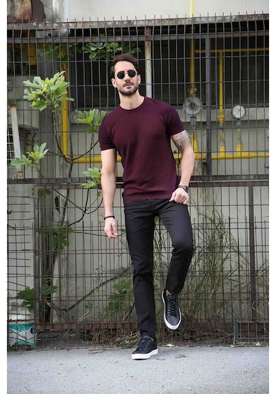Ferraro Bordo/Laci Kuşgözü Desenli Bisiklet Yaka Erkek Triko T-Sh-Bordo