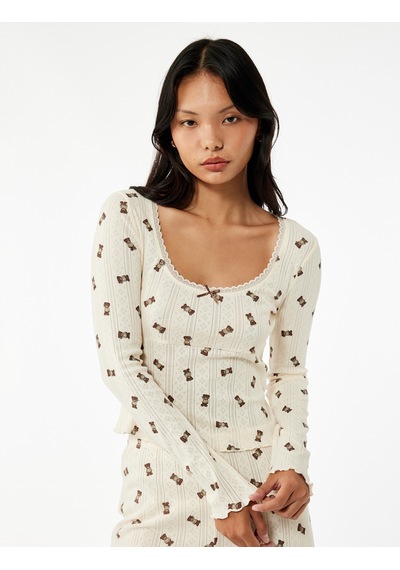 Koton Pyjamas Knıt Tops Ekru Desenli 7wlk40055mk