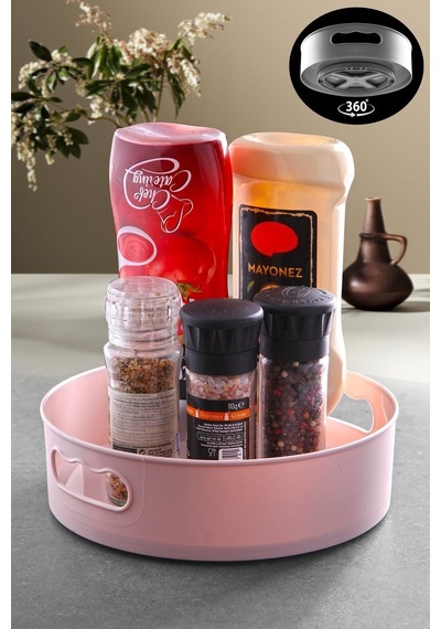 Kitchen Life Dönen Tepsi 360 Derece Dönen Banyo Buzdolabı Mutfak Düzenleyici Tepsi Pembe