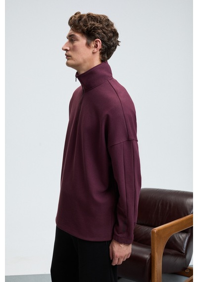 Grimelange EDISON Erkek Yarım Fermuarlı Kolu Baskılı Dik Yaka Bordo Sweatshirt