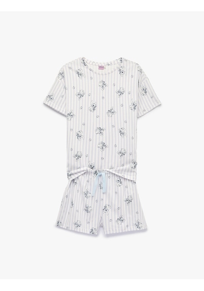 Koton Stitch Baskılı Pamuklu Lisanslı Bisiklet Yaka Kısa Kollu Şortlu Pijama Takımı Mavi Çizgili 6slk40208mk