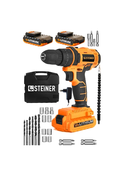 Steiner 58 V 5 Ah Darbeli Metal Şanzıman Çift Akü Şarjlı Vidalama Matkap + 24 Parça Sarı