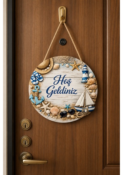 Deniz Temalı Hoş Geldiniz Kapı Süsü Ahşap Yuvarlak Kapı Dekoru