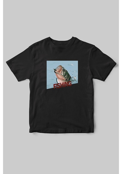 Fishing Balıkçıklık, Deniz Balık Avcılığı Regular Fit %100 Pamuk Bisiklet Yaka Hunter Siyah T-shirt Siyah