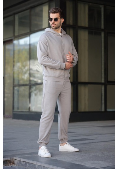 Madmext Boyalı Gri Kapüşonlu Fermuarlı Basic Erkek Eşofman Takımı E7331 Boyalı Gri