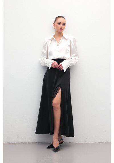 Sateen Dantel Detaylı Saten Etek - Siyah-137170 Siyah