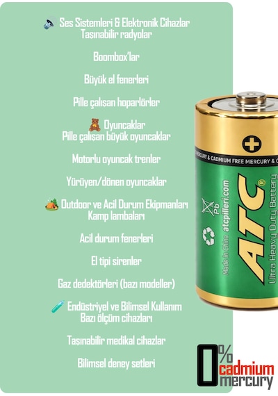 Atc 2li Büyük Boy Pil R20 D-size Pil D Boy Pil Oyuncak Pili Çinko Karbon Pil Zn-c 1.5 V