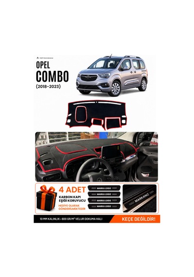 Opel Combo 2018-2023 Uyumlu Torpido Koruma, Torpido Örtüsü, Torpido Kılıfı - Siyah-kırmızı - Op009