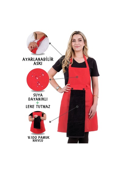 Star Ayar Askılı Havlulu Mutfak Önlüğü Seti Havlulu Önlük Kırmızı-siyah
