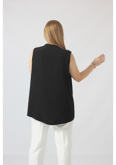Moda Berray 3291 Yakası Broş Detaylı Siyah Kalın Askılı Bluz