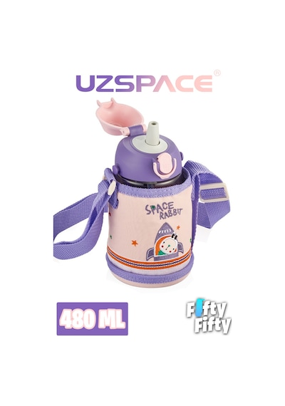 480 Ml Kılıflı 2 Ayrı Kapaklı Pipetli / Pipetsiz Tritan Çocuk Su Matarası Mor-yavruağzı